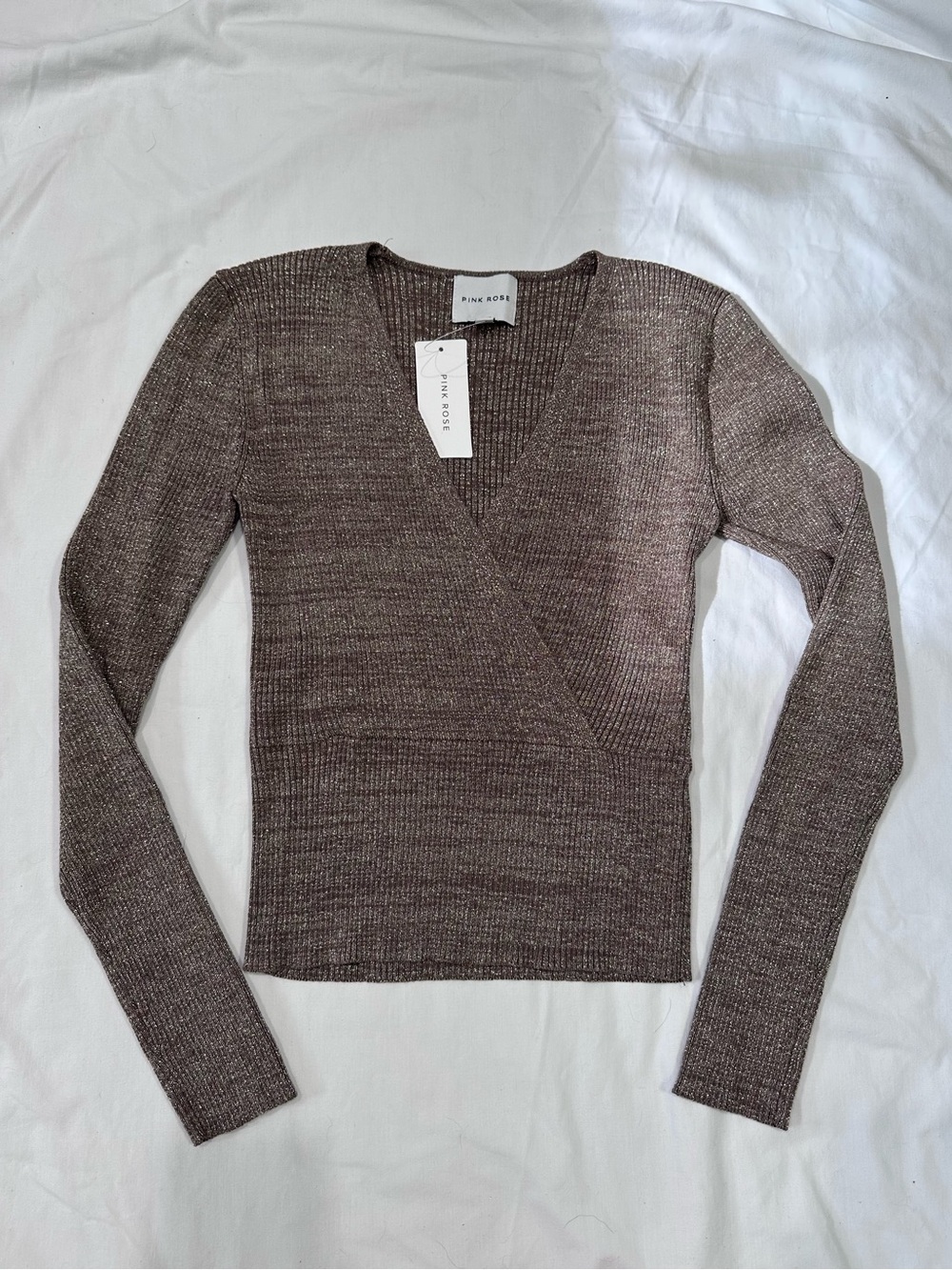 NWT mocha color with gold shimmer v-neck Size S